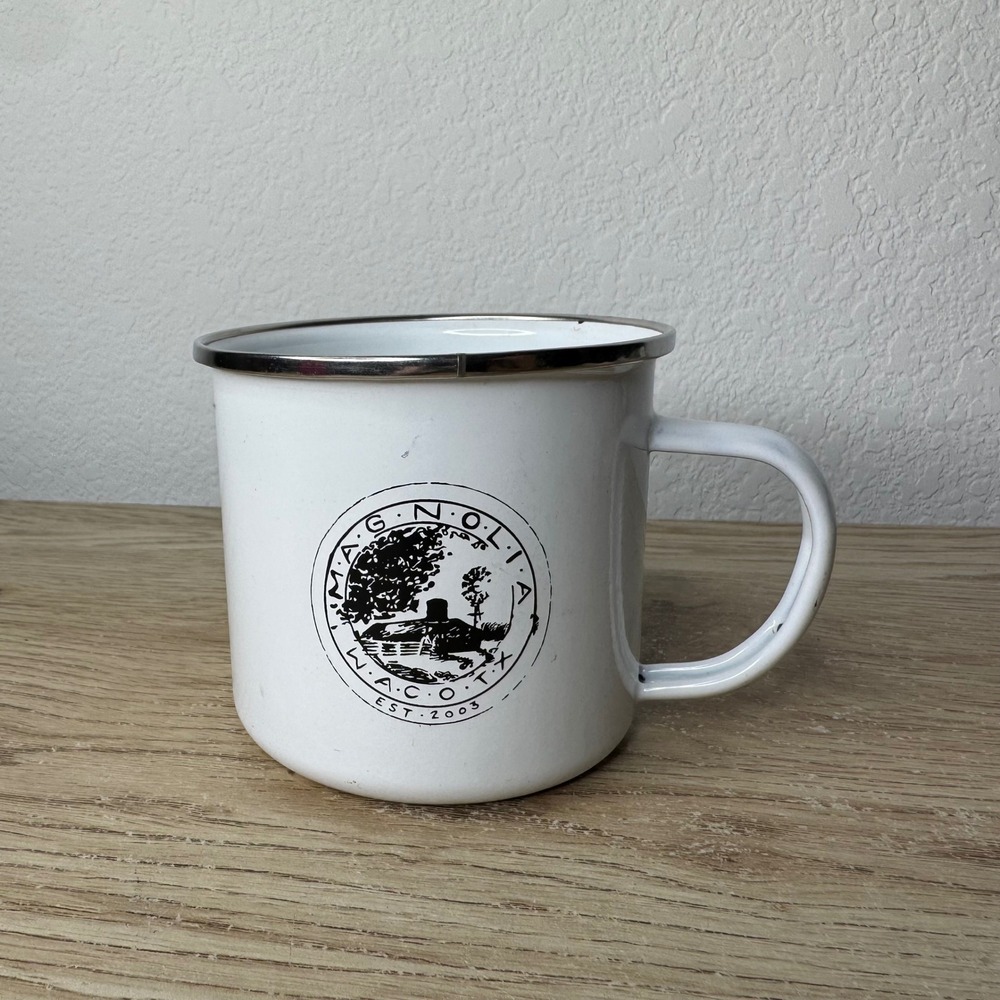 Magnolia Market Waco Texas White Enamelware Metal Coffee Cup Mug Joanna Gaines
